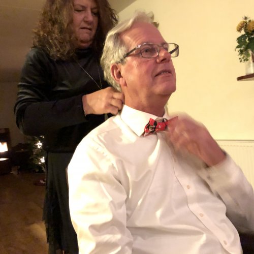 Jan trying on the bow tie.